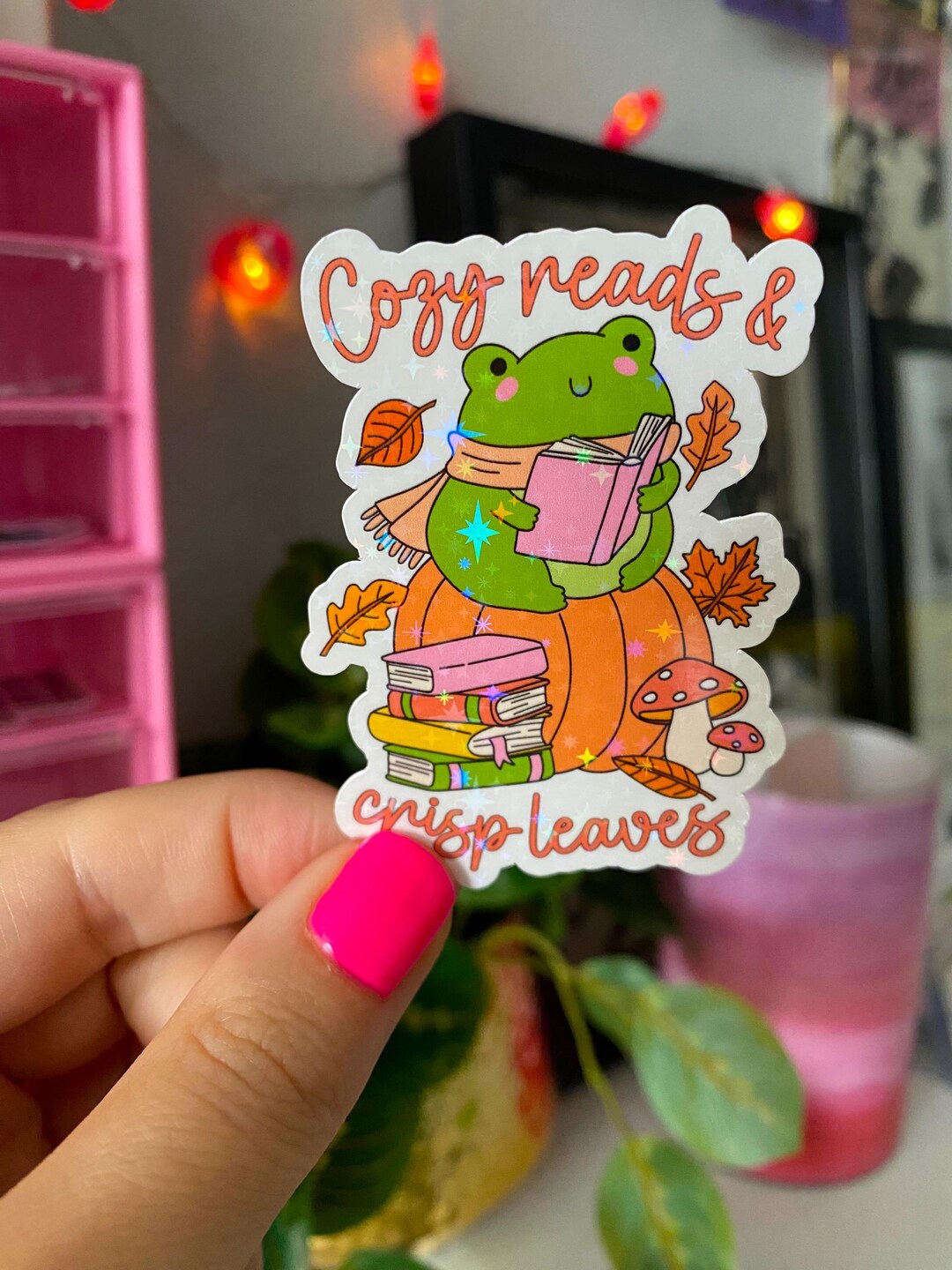 Cozy Reads and Crisp Leaves Sticker / Holographic / Cute Fall Bookish ...