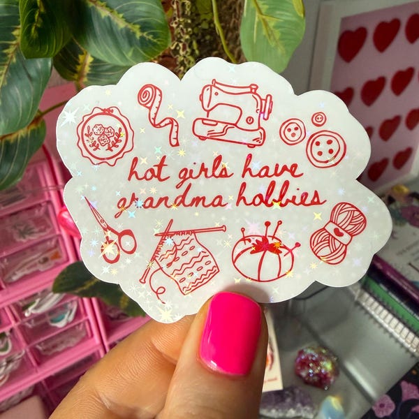 hot girls have grandma hobbies sticker / holographic stickers / cute grandma stickers / grandma hobby sticker / cute red granny stickers