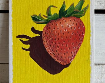 Gouache Strawberry Painting – Colorful Food Art on Canvas Panel