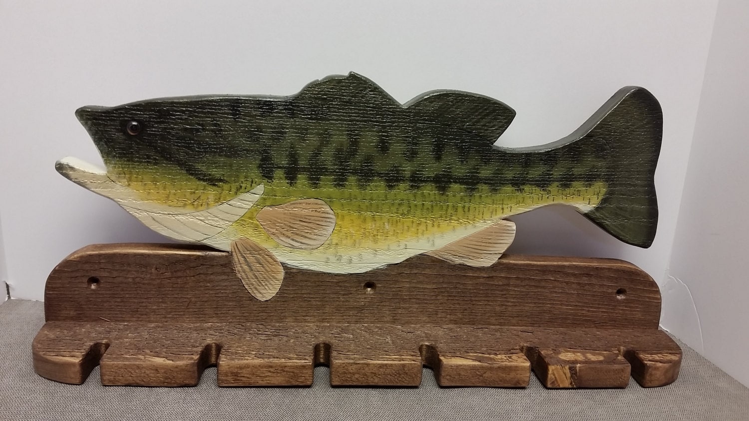 wood large mouth bass fishing rod holder Custom - Wall Mounted & Holds 4 Rods The solid pine construction and skip Router carving of largemouth bass