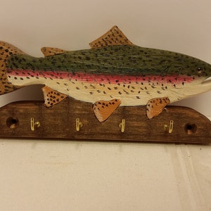 Hand carved Rainbow Trout key rack with 4 hooks
