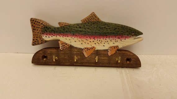 Hand Carved Rainbow Trout Key Rack With 4 Hooks 