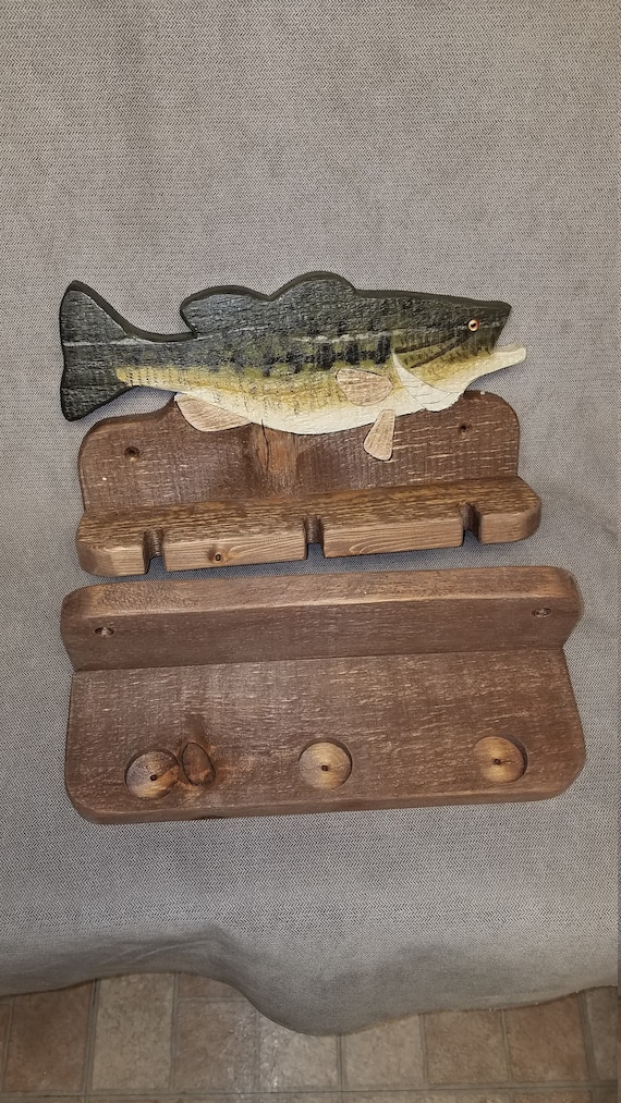 wood large mouth bass fishing rod holder Custom - Wall Mounted & Holds 4 Rods The solid pine construction and skip Router carving of largemouth bass