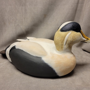 May include: A hand-carved wooden duck decoy with black, white, and yellow paint. The duck is lying on its side with its head turned to the right.
