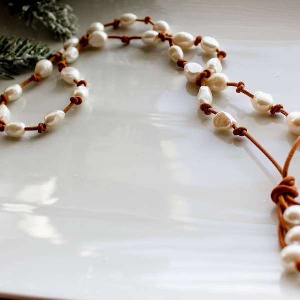 Baroque pearls knotted on Leather necklace, 3rd anniversary gift