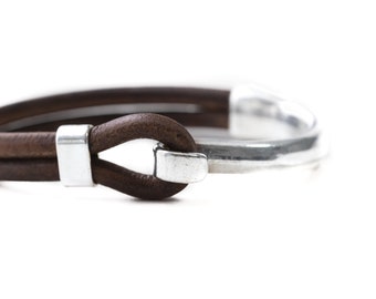Half clasp leather bracelet, 3rd anniversary gift