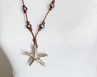 Leather Pearl Sterling Thai Silver Starfish adjustable necklace, Sea Star necklace, One of a kind pearl necklace