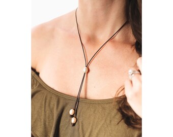3rd Anniversary gift of Leather, Pearl Lariat Slide Necklace,