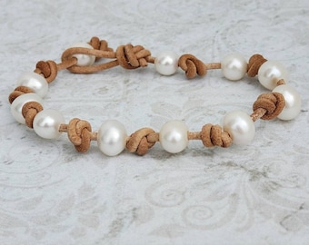 Knotted Tan Leather White Pearl Bracelet, 3rd anniversary gift for her