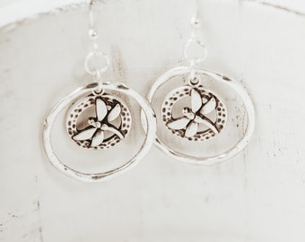 Silver Dragonfly hoop earrings, dragon fly inside hoop ear dangle