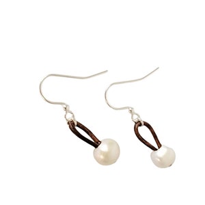Pearl earrings, Leather pearl earring, 30th anniversary gift of pearls