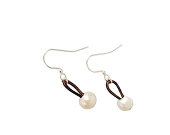 Leather Pearl Earrings: Sterling Silver, Freshwater Pearl, Boho Chic