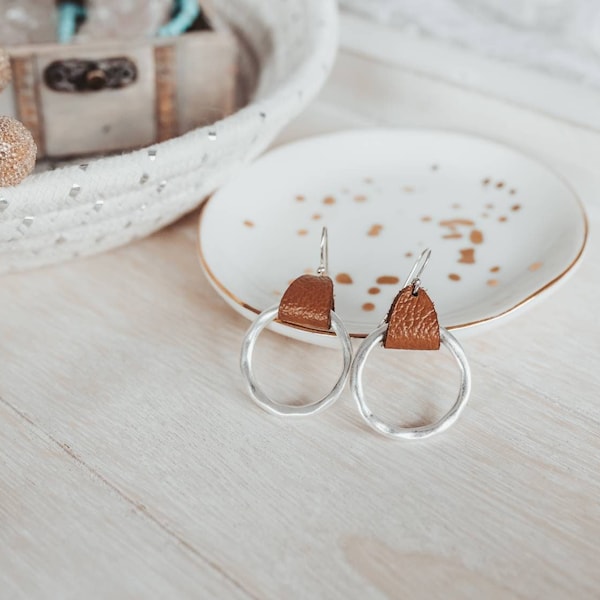 Leather hammered hoop earrings, Mothers day gift