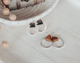 Brincos de argola martelados pendentes, joias de couro marrom, presente de 3º aniversário para a esposa