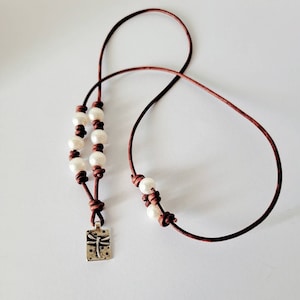 Leather Pearl Dragonfly pendant necklace, adjustable length necklace. 3rd Anniversary gift  of leather