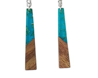 Long Wood Green rectangle Resin light weight earrings, choice of ear wires