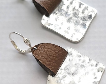 Hammered Square Earrings, Anniversary Gift of Leather Earrings for Her,