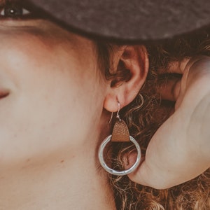 Rustic Genuine Leather hammered metal Hoop Earrings