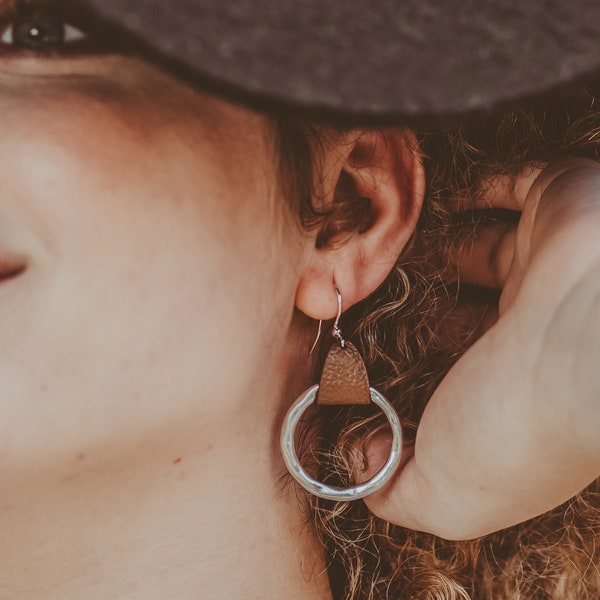 Rustic Genuine Leather hammered metal Hoop Earrings, 3rd anniversary gift of Leather