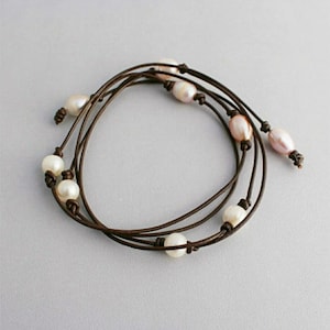 Leather Pearl wrap necklace, Coastal style