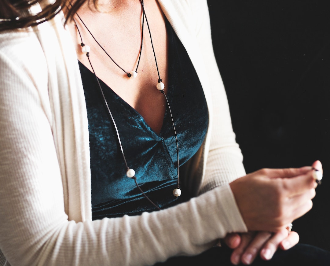 Long Pearl Station Necklace, Leather and Pearl Bracelet, 3rd