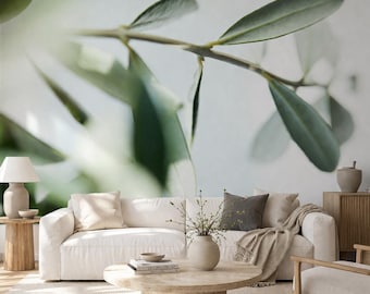Olive Branch Wall Mural Peel and Stick wallpaper - Neutral Botanical, Green Beige Wall Art, Spa Decor, Airbnb decorating, Removable