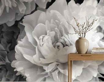 Black and White Floral Wall Mural – Peony Wallpaper, Neutral Botanical Wall Decor, Minimalist Flower Mural, Modern Luxury Wallpaper
