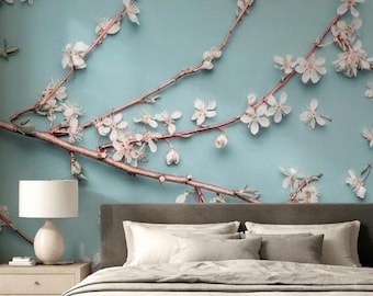 Whispering Branches Wall Mural TEAL | Botanical Wallpaper | Peel & Stick Removable Wallpaper | Neutral Luxury Wall Decor | Custom Wall Art