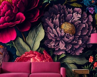Dark Floral Wall Mural, Midnight Peony Garden, Moody Peony Wallpaper, Bold Botanical Wall Art, Maximalist Wallpaper, Dramatic Flower WallArt