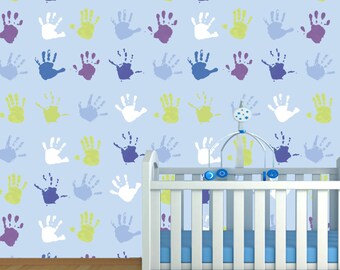 HAND PRINTS in shades of BLUE - Self adhesive nursery and kids wallpaper by GraphicsMesh