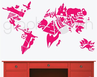 WALL DECAL Landmarks World Map - Surface graphics - Nursery icons maps - Modern interior decor by Graphics Mesh