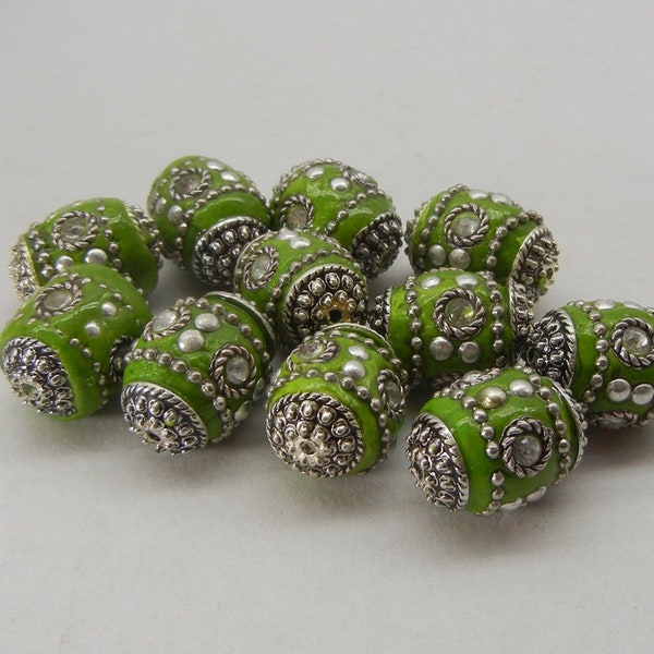 GREEN INDONESIA BEADS, (2)  mid green ethnic beads, handmade beads, Australian beading destash supplies, jane bari beads