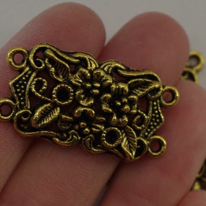 DOUBLE CONNECTOR, focal, (2) antique gold, flowers, 3.5x2 cms, beading supplies,filigree connector 2 hole connector, destash, jewelry