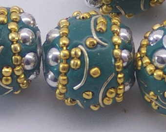 KASHMIRI BEADS (2) tribal bead, ethnic bead, handmade, round bead, clay bead, beading supplies, teal, affordably priced, destash beads