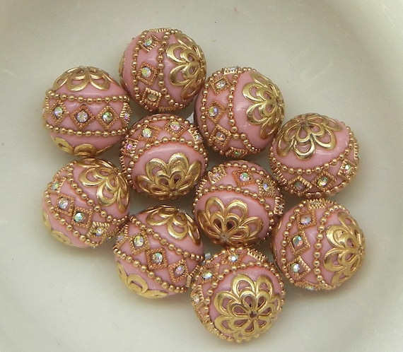 INDONESIA BEADS (2) big pink and gold Indonesia beads, tribal beads, ethnic beads, handmade big pink clay beads