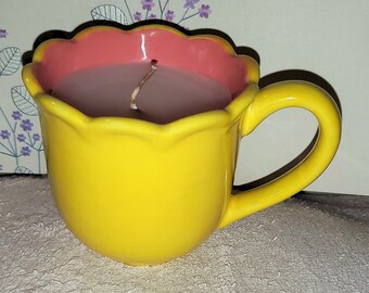 Upcycled Candle - Yellow and Pink Glazed Ceramic Cup with Handle - White Jasmine Scented  Wax - Bright and Cheerful