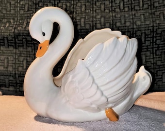 Vintage Hand Painted and Glazed Ceramic Swan Bowl, Container, Vase, Centerpiece - OOAK