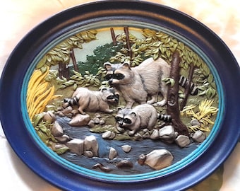 Ceramic Wall Plaque Decor - Raccoon Family at a Stream 3 Dimensional, Bas Relief - Hand Painted OOAK