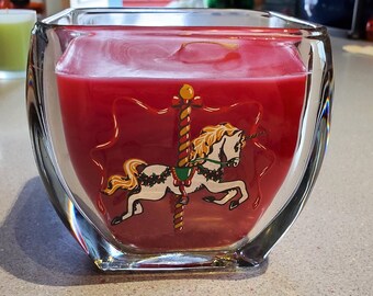 Upcycled Clear Curved Square Glass Container Candle with Carousel Horse Decal Added - Red Wax - Sun Ripened Fruit Scented