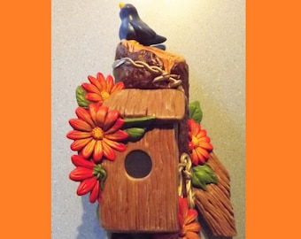Hand-Painted Ceramic Birdhouse – Blue Bird & Orange Flowers Decor