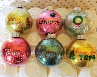 Handcrafted Glitter Glass Christmas Ornaments - Set of 6 with Decals