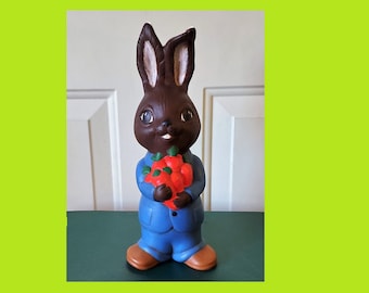 Handmade Ceramic Easter Bunny, Peter Cottontail - Blue Suit, Carrot Bouquet, OOAK Decor