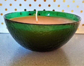 Upcycled Vinyage Forest Green Textured Glass Bowl Candle - Orange Wax - Lightly Scented