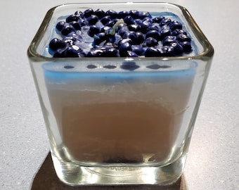 Experimental Upcycled Clear Square Glass Container Candle - Hidden Surprise Inside - Off White Wax and Blue Wax Beads -  Blueberry Scented