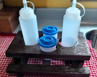 Ceramic Picnic Table Condiment Holder – Wood Look, Includes Bottles & Shakers