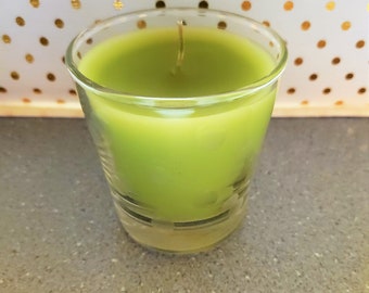 Upcycled Clear Glass Container with Engraved Polka Dots Candle - Light Green Wax -  Floral Scented