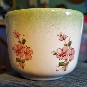 May include: A small, white ceramic cup with a light green rim and pink floral designs. The flowers have red centers and green leaves. The cup has a rounded shape and a smooth surface.