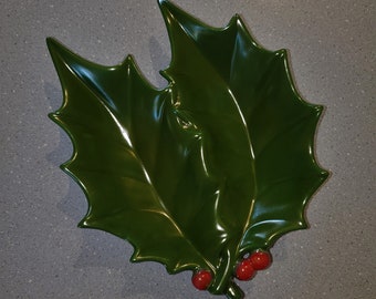 Handpainted Ceramic Holly Leaves Serving Dishes Bowls Dark Green with Red Holly Berries - Glazed and Washable - 2 Available Almost Identical