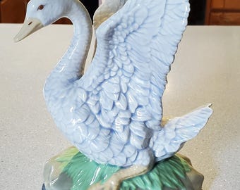 Vintage Hand-painted Goose with Raised Wings - Lladro Style Colors - Muted Pastels - Glossy Glazed Finish - OOAK