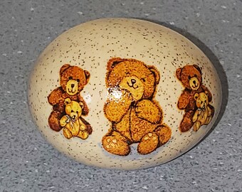Satin Gloss Speckled Ceramic Egg with Teddy Bears Fired Decal - Vintage Ceramic Easter Egg